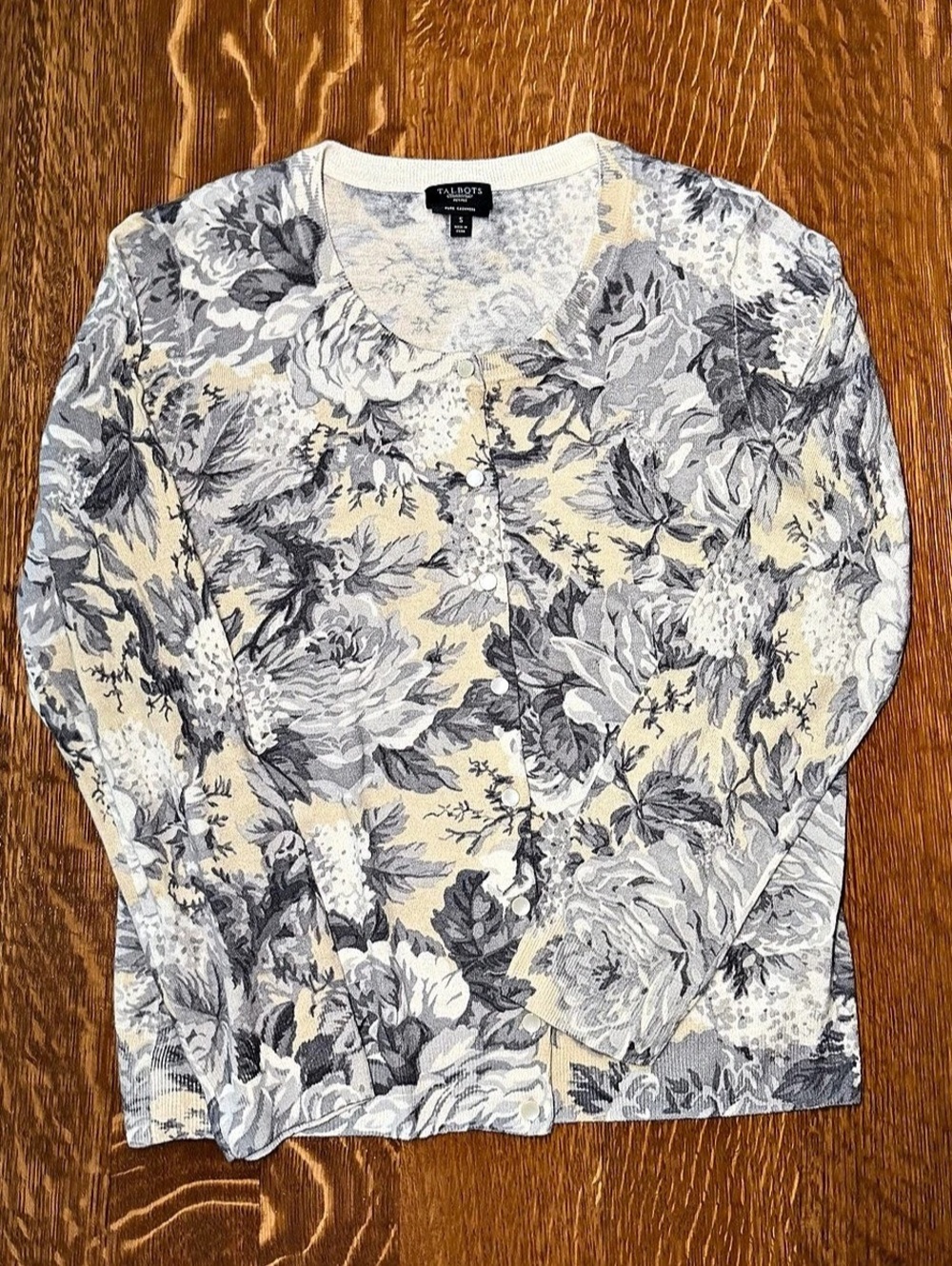 Talbots Pure Cashmere Floral Cardigan Sweater Grey & Cream Small